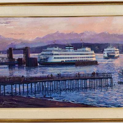 Signed painting by Marshall Johnson of a passenger ferry.