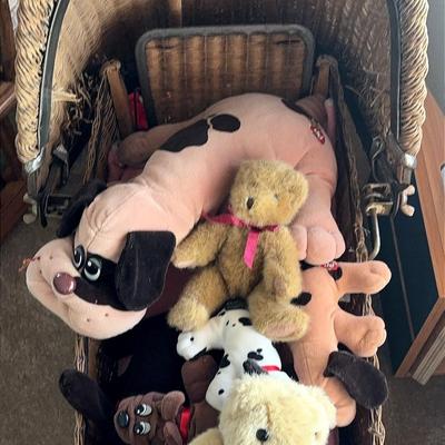 Vintage "Pound Puppies" Stuffed Animals and Basket Stroller 