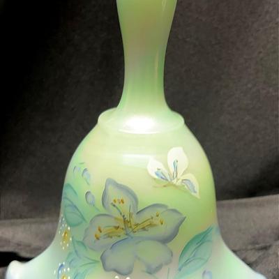 Fenton Hand Painted Sea Mist Green Butterfly Bell