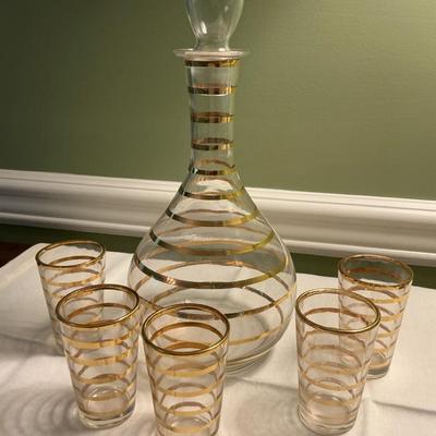 MCM Gold Ringed Decanter Set with Tiny Glasses