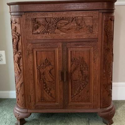 Asian Carved Wood Bar Cabinet