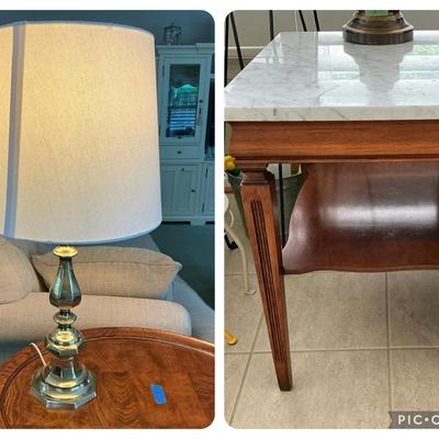 Marble Top End Table & Brass Table Lamp
