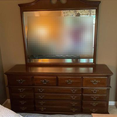 Bassett Cherry Wood Long Dresser And Mirror