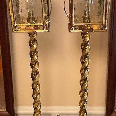 Set Of Two Vintage Brass / Glass Lantern Candlestick Lamps