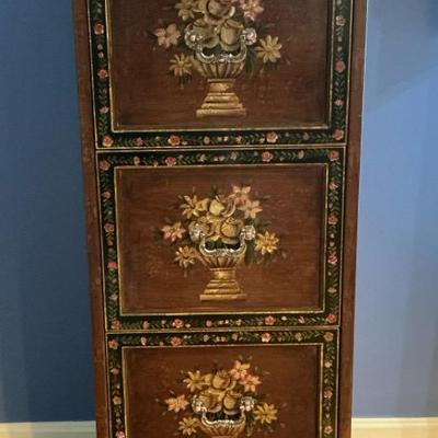 Floral Painted Wood Filing Cabinet