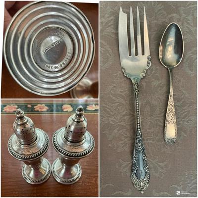 Weighted Sterling Silver Salt And Pepper Shakers With Flatware 