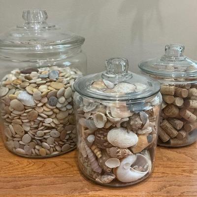 3 Glass Containers Full of Rocks, Shells, & Corks