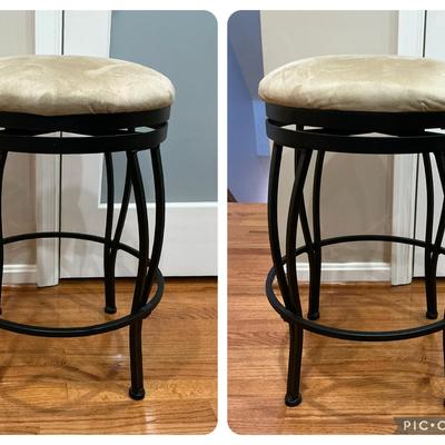 2 Black Swivel Counter Stools Tan Microfiber