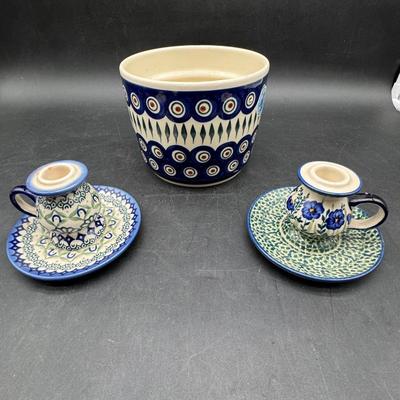 Authentic Polish Pottery Flower Pot And Two Candlesticks