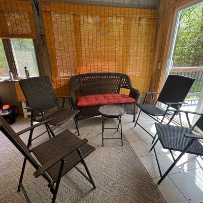 Faux Rattan Love Seat w/(4) Folding Chairs and (2) Tables