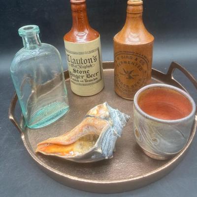 Copper Color Tray with Antique Bottles and Decor