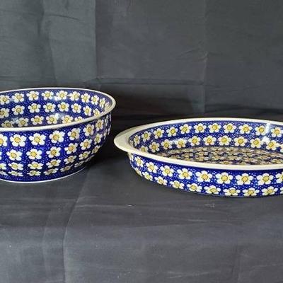 Boleslawiec Blue & Yellow Polish Pottery Bowl & Casserole Dish