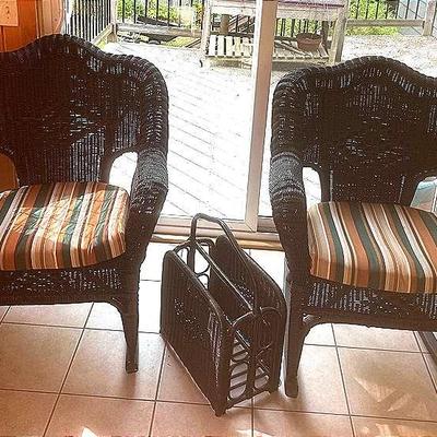 2 Wicker Rocking Chairs In Matching Magazine Holder