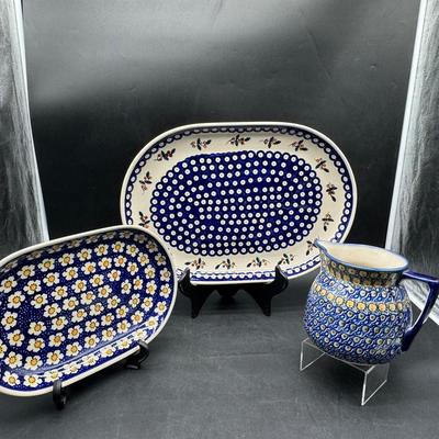 (2) Authentic Polish Pottery Platters & Pitcher
