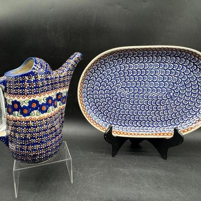 Authentic Polish Pottery Oval Platter & Watering Can