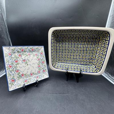 Authentic Polish Pottery Casserole Dish and Small Plate