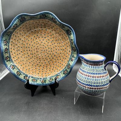 Authentic Polish Pottery Scalloped Platter & Small Pitcher