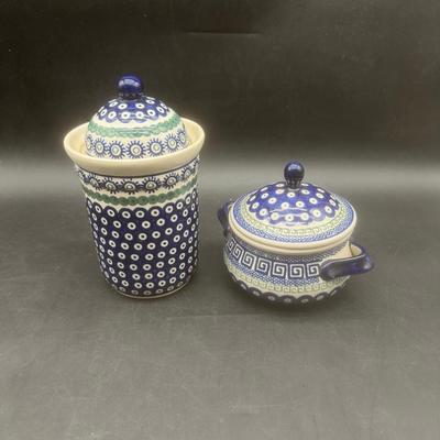 Two Lidded Authentic Polish Pottery Jars