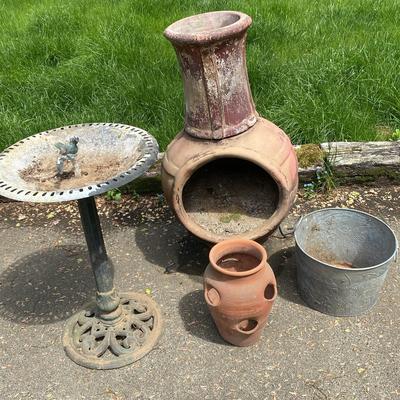 Terra Cotta Pot, Chimenea, Bird Bath & Pail