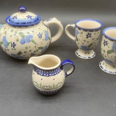 Authentic Polish Pottery Tea Pot, Creamer & Mugs