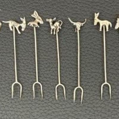 Vintage Set of 7 Mexico Silver Cocktail Hors D'oeuvres Picks Forks