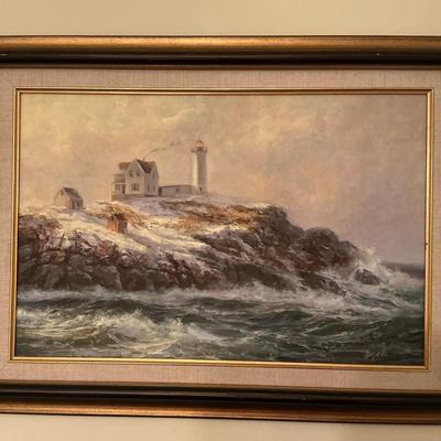 Lighthouse With Crashing Wave And Sunset Painting By Goyette