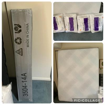 New in Box Queen Bedframe w/ 4 Pillows & New Mattress