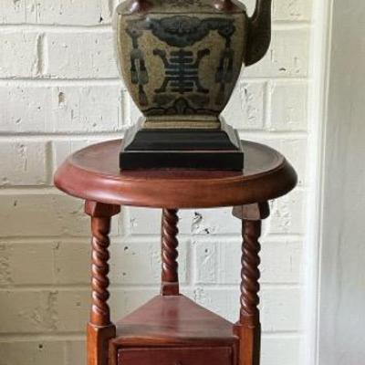 Mahogany Barley Twist Pedestal Table & Asian Teapot Lamp