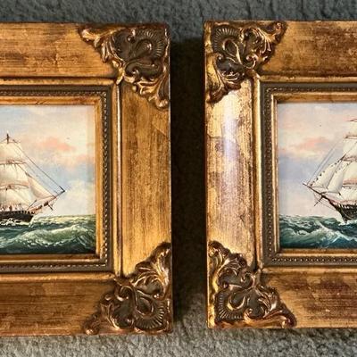 2 Small Ornately Framed Sailing Ship Paintings