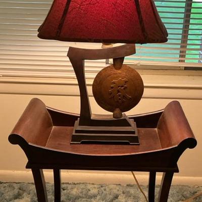Sleigh Style end Table with Asian Lamp 
