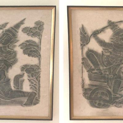 2 Framed Thai Temple Rubbings