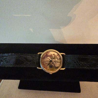 1986 Vintage Walking Liberty Men's Wristwatch Black Leather Band
