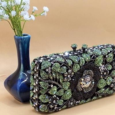 Green Crystal Floral Evening Clutch with Black Metal Frame & Chain Strap