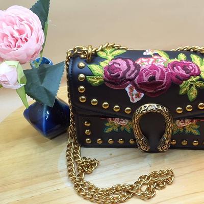 Black Studded Shoulder Bag with Floral Embroidery & Gold Chain Strap