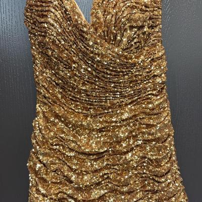 Vicky Tiel Dress | 1990s Vintage Gold Sequin Strapless Plunge Ruched Mini