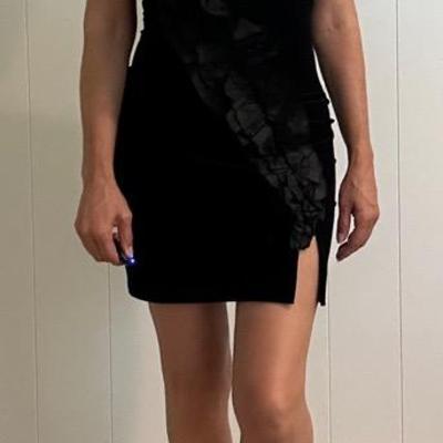 Designer Black Velvet One-Shoulder Dress by Marc Bouwer – 100% Silk Accent – Size 8