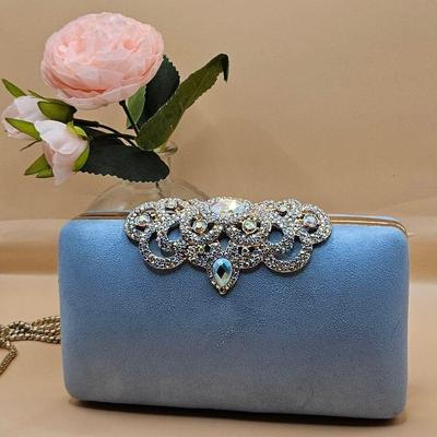 Elegant Powder Blue Velvet Evening Clutch with Ornate Rhinestone Brooch Accent