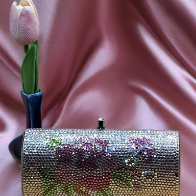 Silver Floral Rhinestone Clutch with Chain Strap