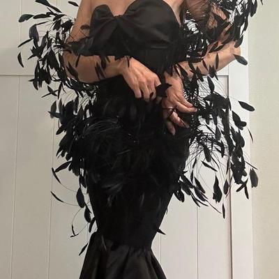Glamorous Strapless Ruffled Jumpsuit with Feather Boa– Elegant Couture Statement Piece
