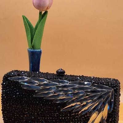 Black Crystal Clutch with Clear Wing-Like Gem Design and Chain Strap