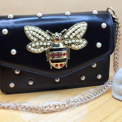 Black Bee Purse with Pearl Studs & Two Straps