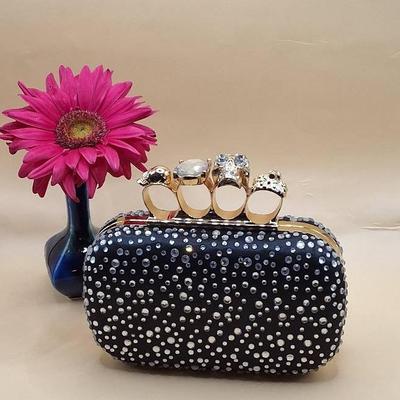 Black Rhinestone Studded Knuckle Clutch with Gold Rings & Chain Strap
