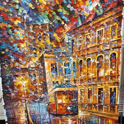 Original Leonid Afremov Oil Painting “Last Trolley at Night”  Signed with COA
