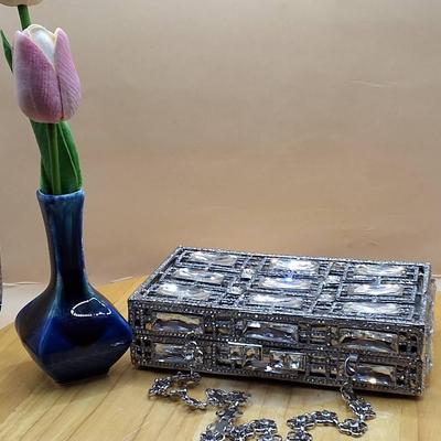 Silver Crystal Box Clutch Evening Bag with Chain Strap