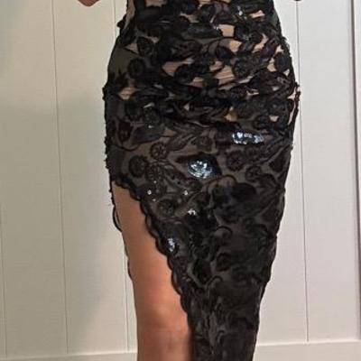 Stunning One-Shoulder Black & Nude Lace Gown with Oversized Bow