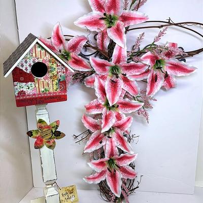Metal Floral Cross and Bird House 