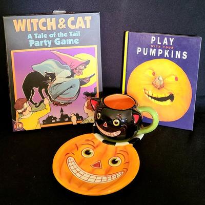 Halloween Lot, Department 56 Halloween Cup And Tray, A Pumpkin Book And Old Party Game