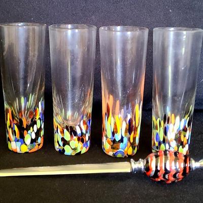 4 Tall Colorful Shot Glasses & A Decorative Letter Opener