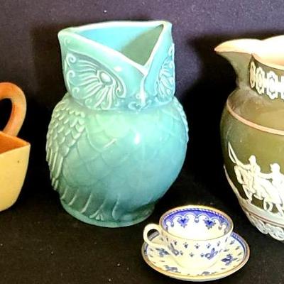 Lot Of Decorative Pitchers And Tiny Tea Cup, Copeland Spode, Kellems Pasadena Ceramic Owl Pitcher 