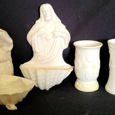 Lot Of Belleek,  Jesus Hanging Wall Figurine,  Vases & More 